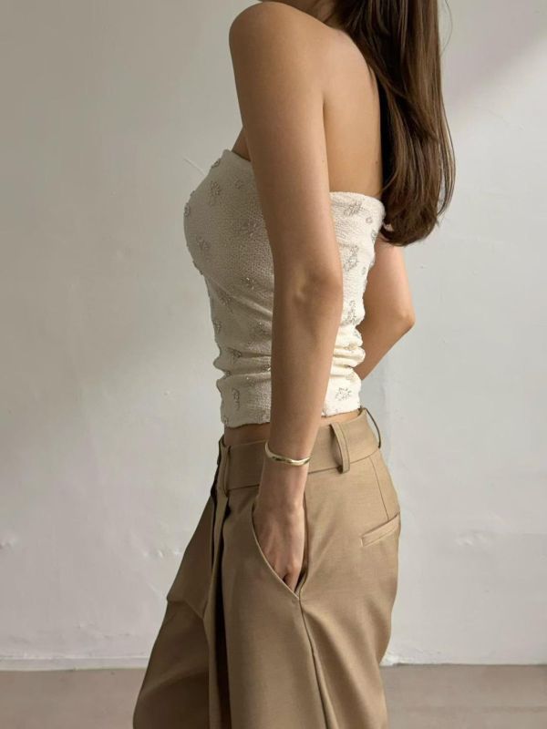 手工串珠側邊抓皺平口背心 