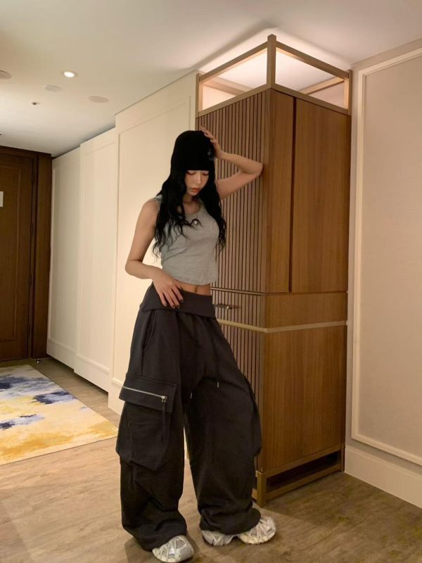 反摺褲頭薄毛巾工裝兩穿縮腳棉長褲 