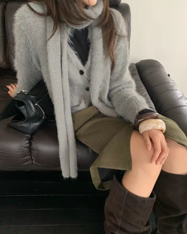 毛絨針織寬鬆脖繩外套 