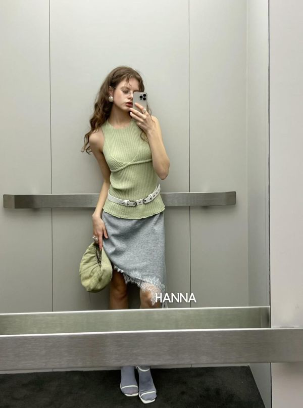 鬆緊腰下擺蕾絲拼接裙 