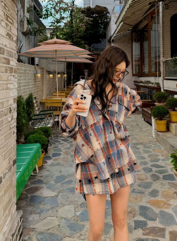 破損洗舊格紋襯衫/格紋短褲 