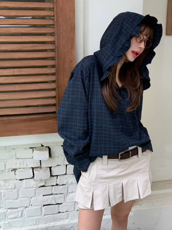 羊毛荷葉連帽格紋外套 