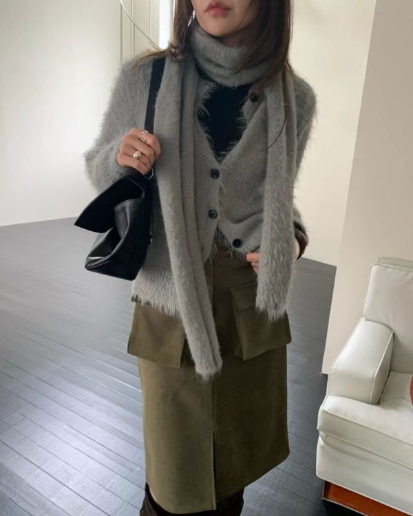 毛絨針織寬鬆脖繩外套 