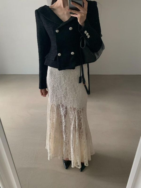 古董蕾絲花透膚魚尾裙 