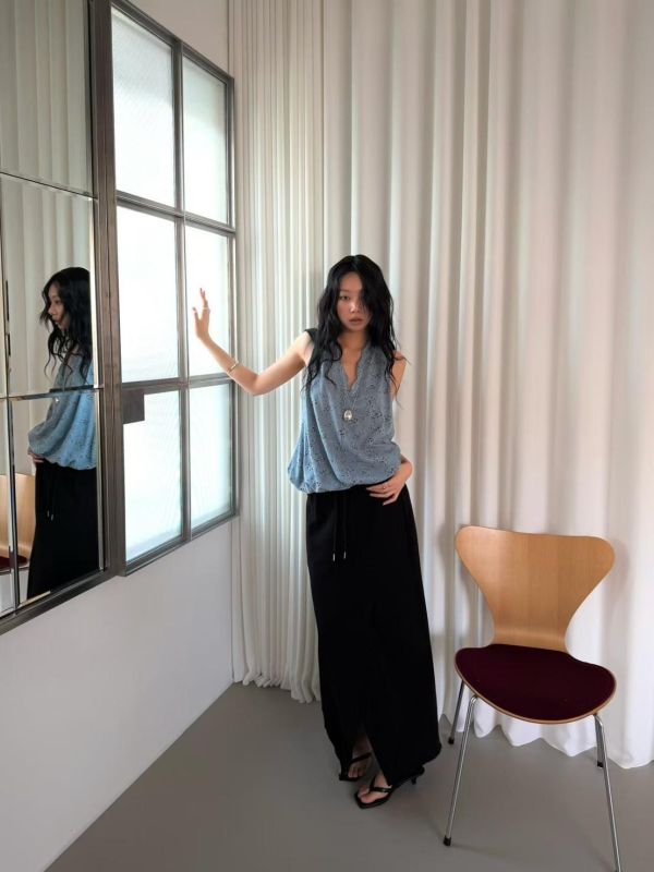 不收邊開衩棉質長裙 