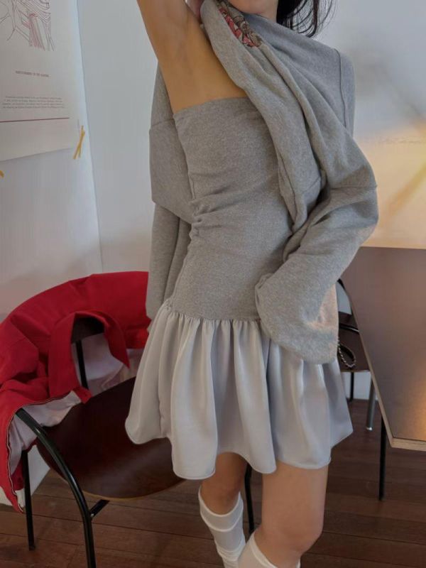 緞面拼接荷葉邊平口洋裝 