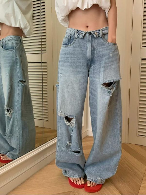 摺腰頭割破高腰牛仔褲 