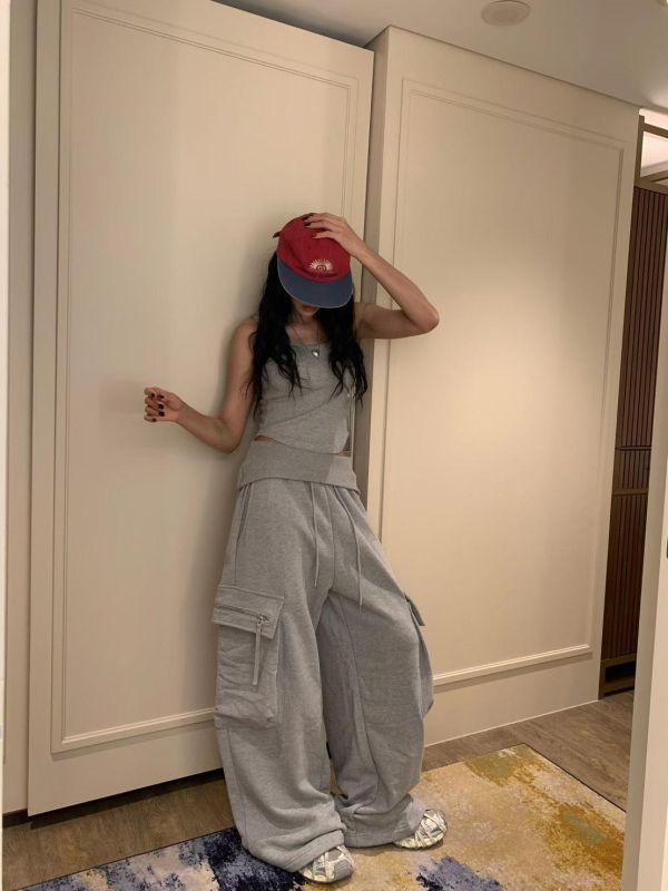 反摺褲頭薄毛巾工裝兩穿縮腳棉長褲 