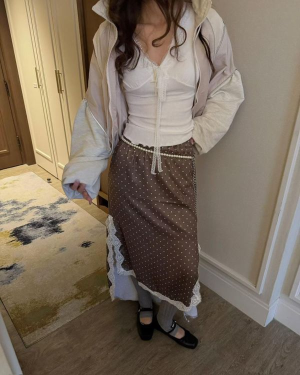 點點不對稱緞面蕾絲長裙(兩面穿) 