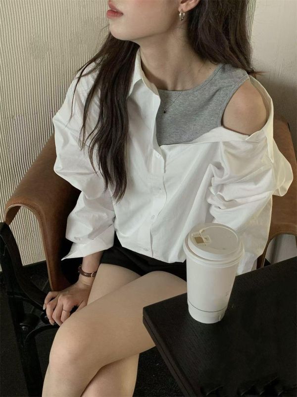 拼接露肩長袖襯衫 