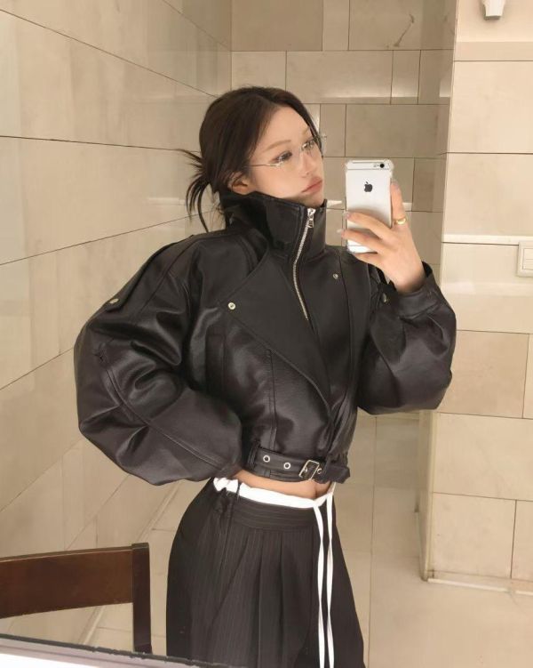 翻領釦帶皮革外套 