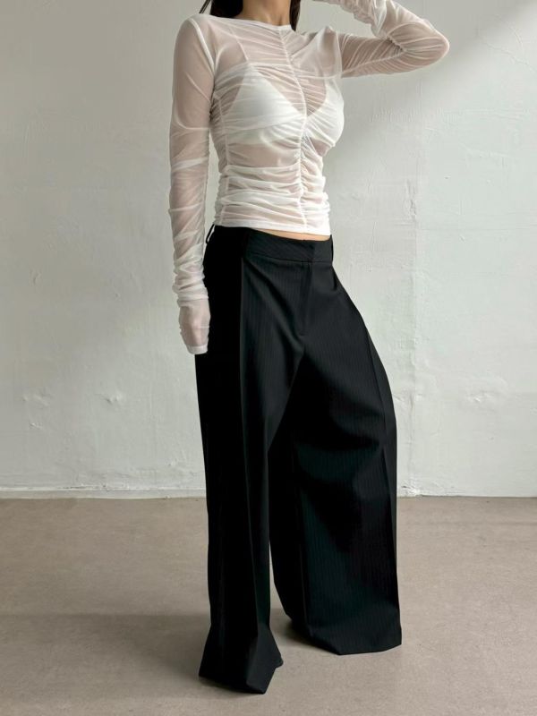 歐美直條紋西裝寬褲 