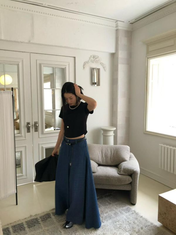 傘感斜紋牛仔布長裙 