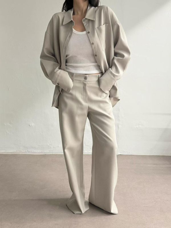 質感不易皺開衩襯衫/鬆弛不易皺直筒小喇叭褲 