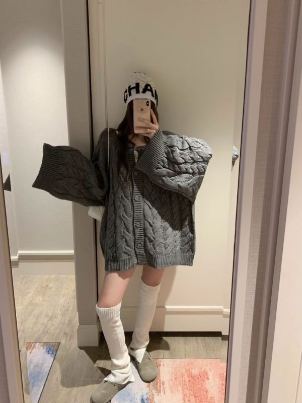 V領螺紋針織毛衣外套(正反兩穿) 