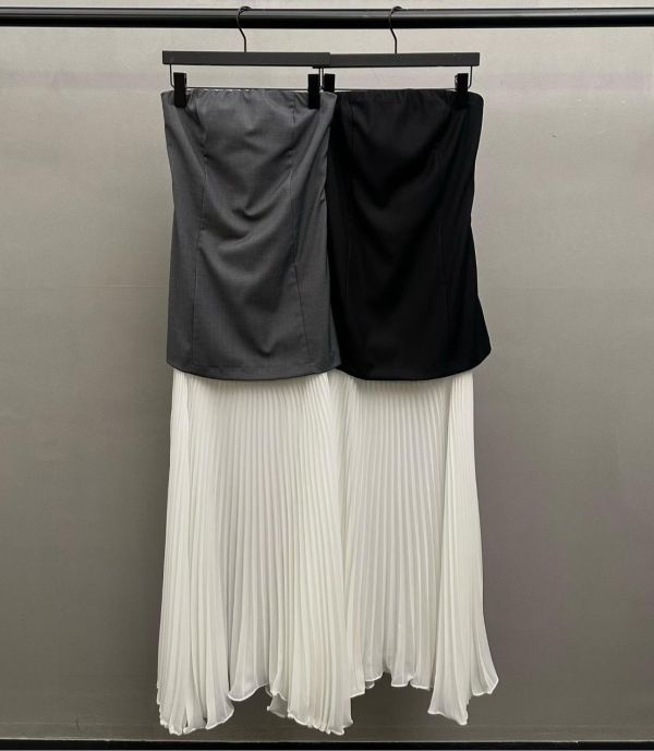 平口西裝拼百摺長洋裝 