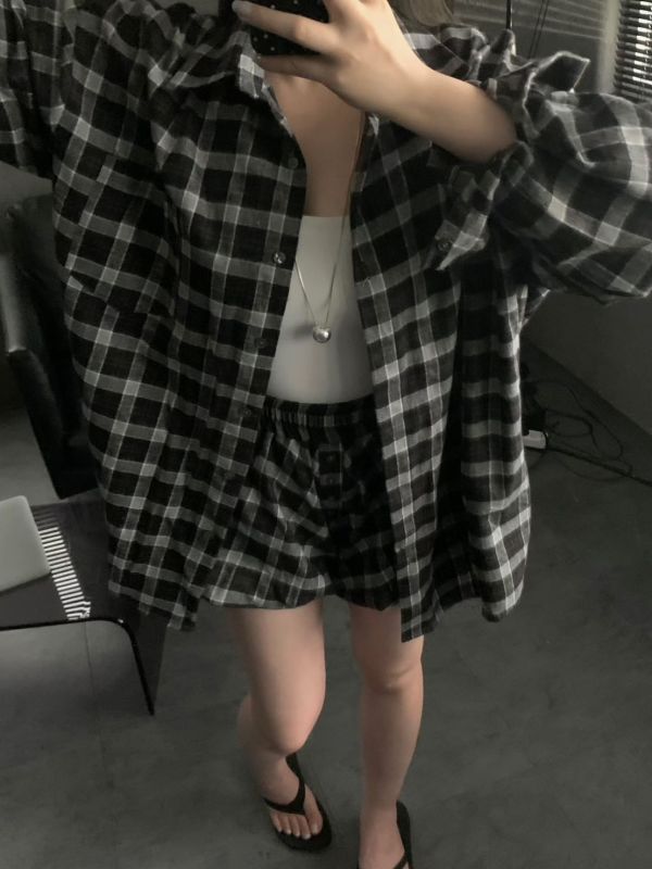 休閒格子襯衫+花苞短褲Set 