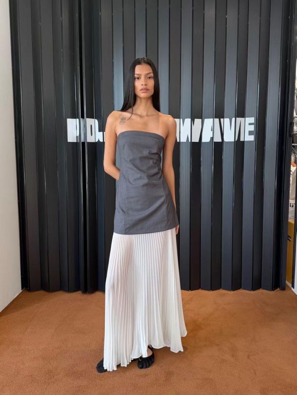 平口西裝拼百摺長洋裝 