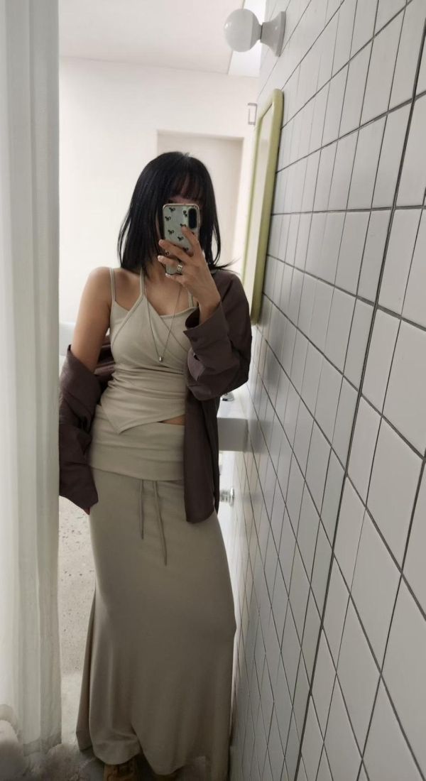 反摺抽繩棉質長裙(春夏款) 