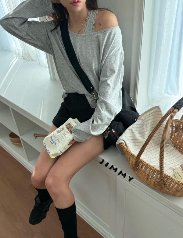 滾邊蕾絲背心+長袖上衣Set 