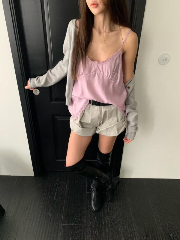 蕾絲圓弧絲綢背心 