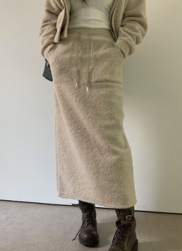 假兩件羊羔毛外套/後開衩羊羔毛長裙 