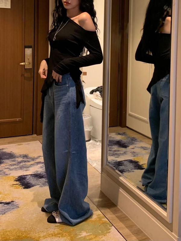 斜肩荷葉下擺彈力造型長T 