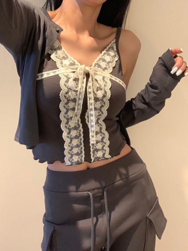 綁帶蕾絲背心+外套 