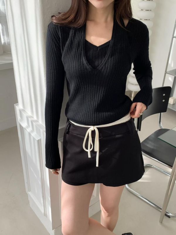 綁帶腰頭西裝短褲裙 