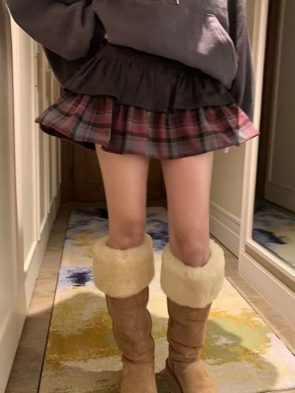 鬆緊腰格紋拼接短裙 