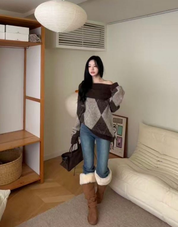 羊毛20%菱紋慵懶平口堆堆毛衣洋裝 