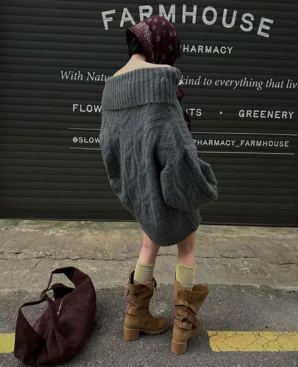 一字領麻花寬鬆毛衣上衣 