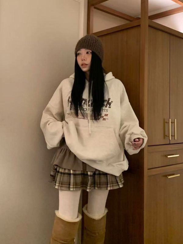 鬆緊腰格紋拼接短裙 