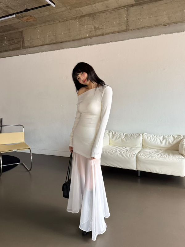 極美法式拚接斜領洋裝 