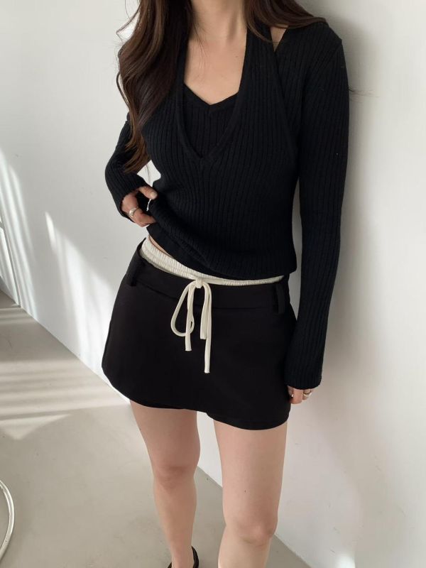 綁帶腰頭西裝短褲裙 