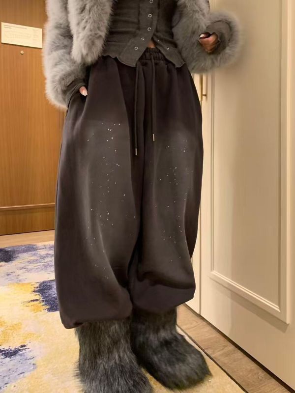 磨白油漆寬鬆抽繩加絨休閒褲 