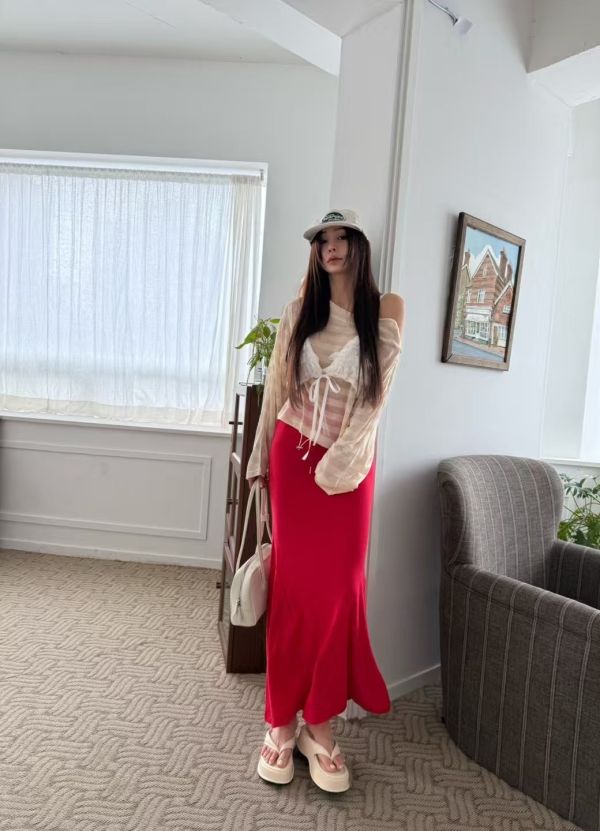 洞洞棉大彈力魚尾半身長裙 