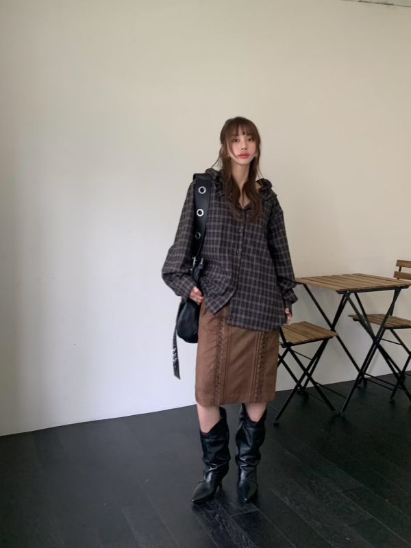 羊毛荷葉連帽格紋外套 