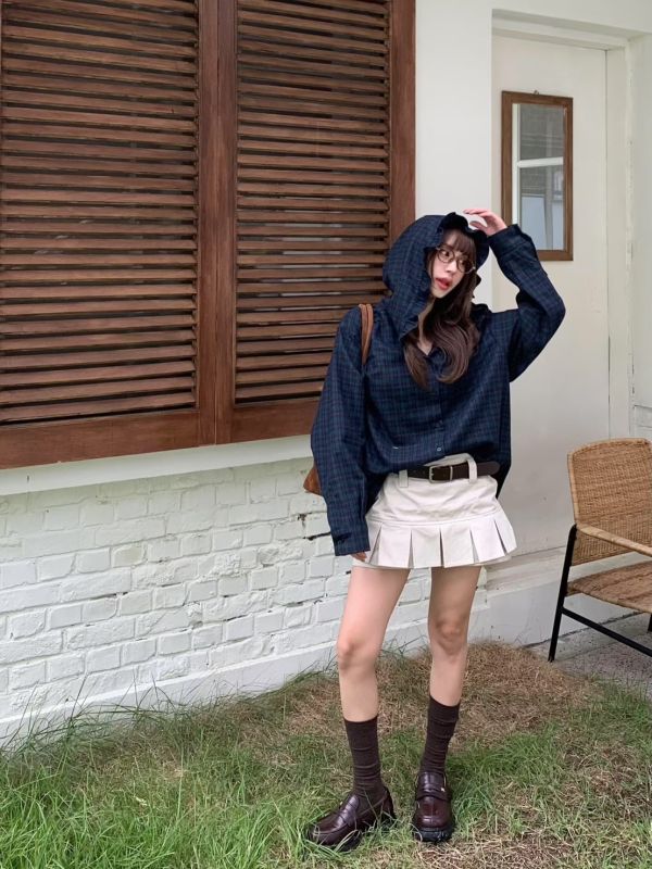 羊毛荷葉連帽格紋外套 