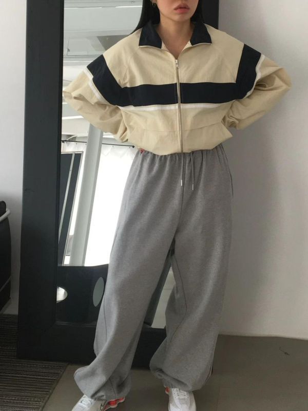 拼色條紋立領拉鍊外套 