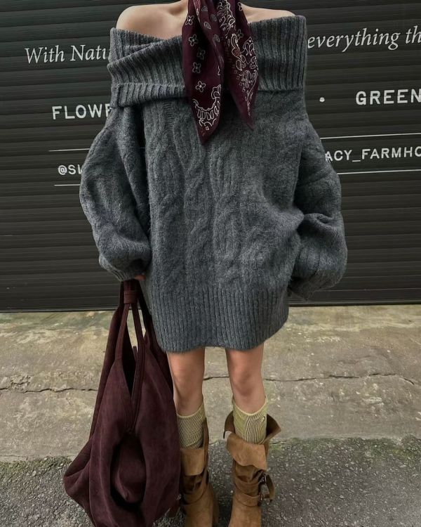 一字領麻花寬鬆毛衣上衣 