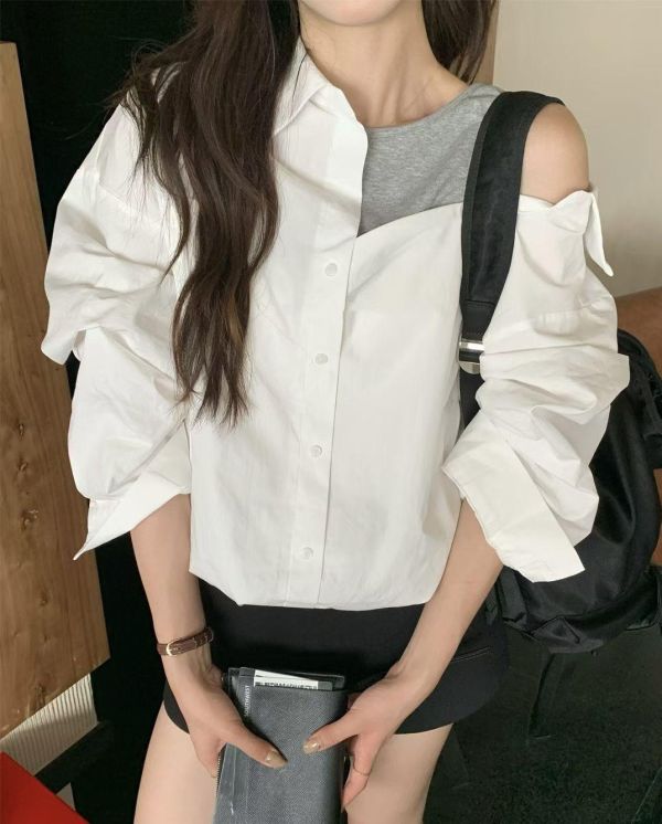 拼接露肩長袖襯衫 