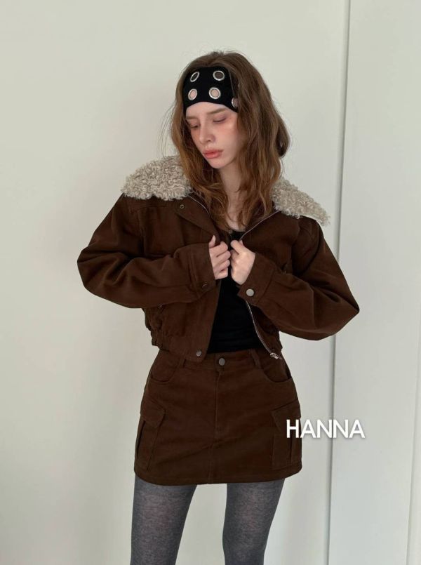 燈芯絨夾棉外套(毛領可拆)+工作褲裙Set 