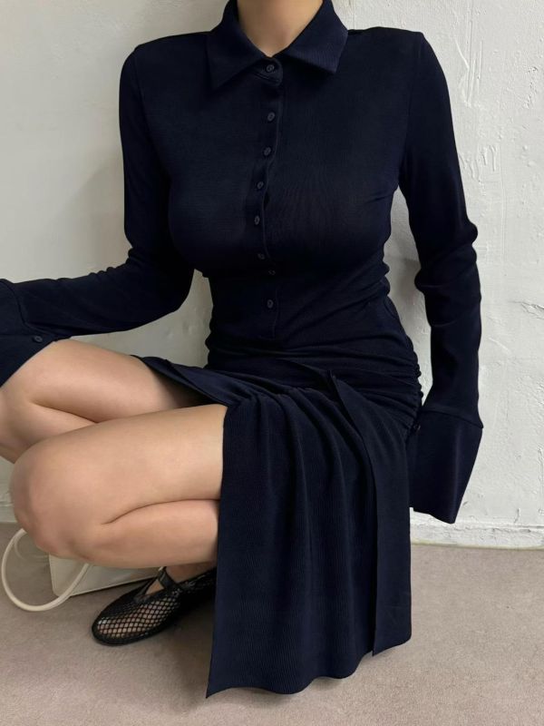 POLO領綁帶抓皺洋裝 