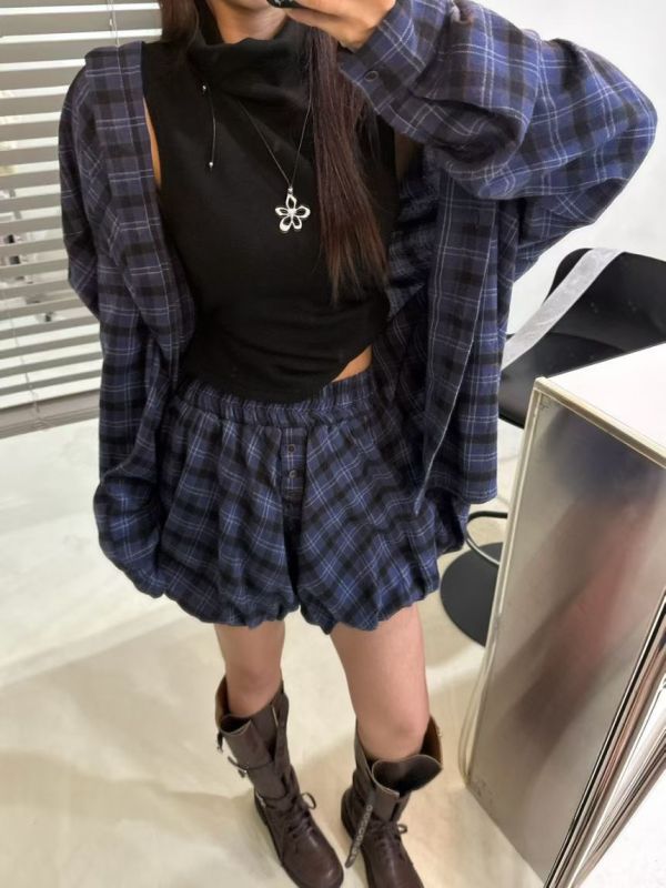 休閒格子襯衫+花苞短褲Set 