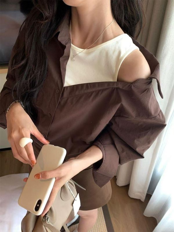 拼接露肩長袖襯衫 