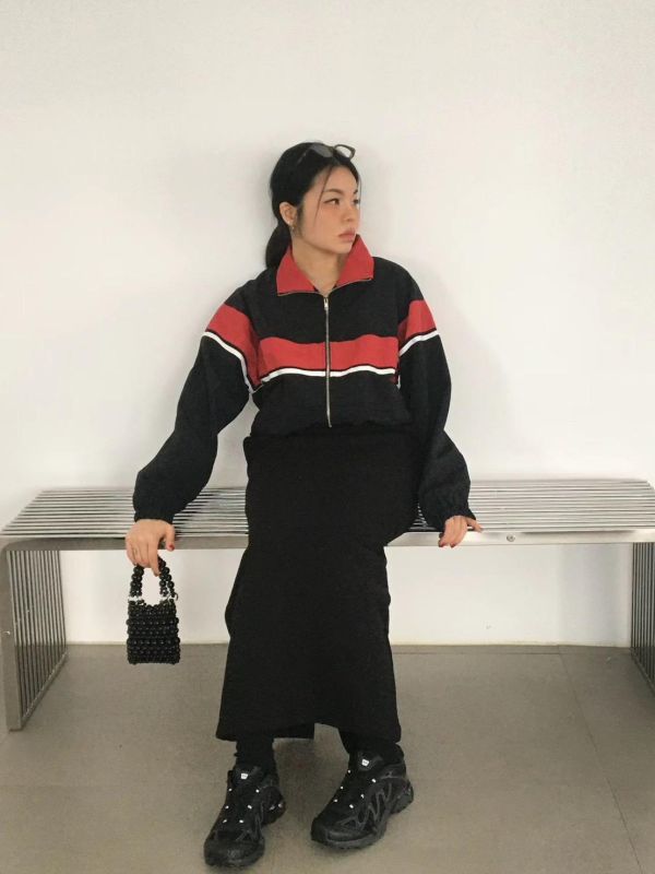 拼色條紋立領拉鍊外套 