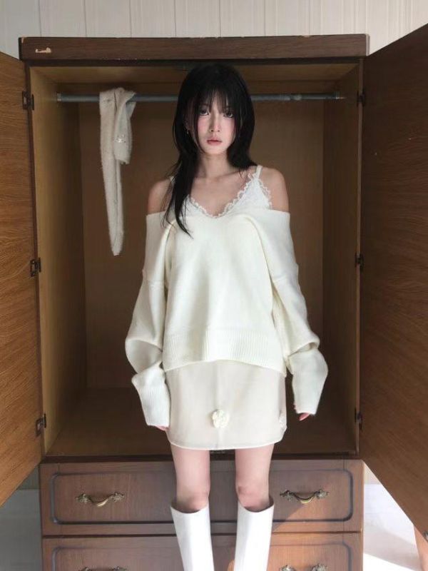 V領針織衫+蕾絲背心Set 