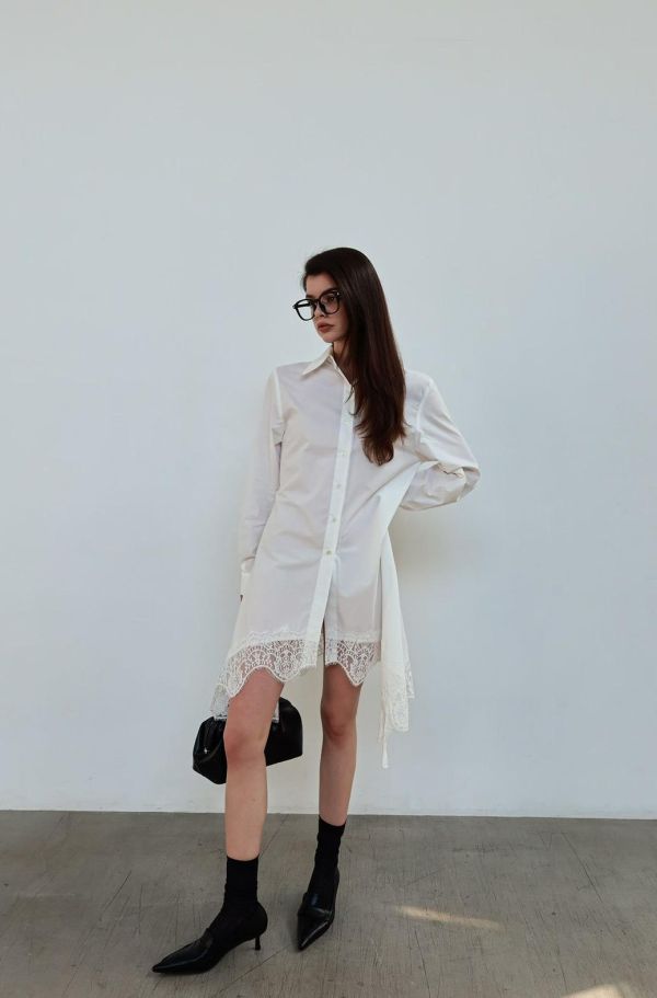 下擺蕾絲不規則襯衫洋裝 