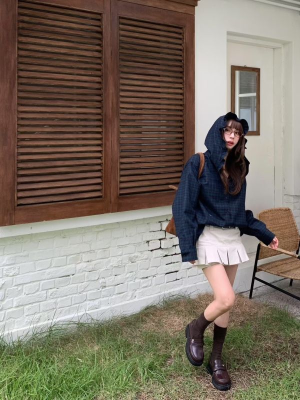 羊毛荷葉連帽格紋外套 